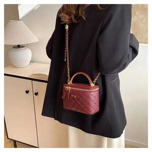 Detailed view of burgundy quilted leather vanity bag with gold handle and chain strap
