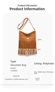 Détails de taille et capacité pour ce sac à main en daim à franges couleur caramel