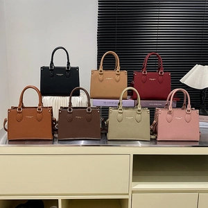Litchi pattern faux leather handbags in seven colors displayed for work and casual use