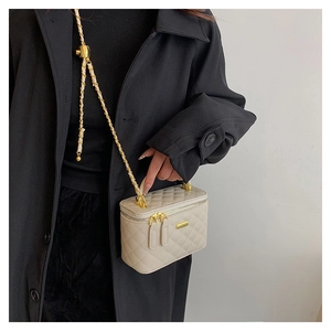 Detailed close-up of cream quilted mini vanity bag with gold-tone chain and hardware