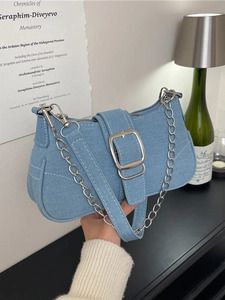 Borsa Sottobraccio in Denim Vintage da Donna Borsa a Tracolla in Jean Lavato Catena Argento Fibbia Grande Y2K Streetwear