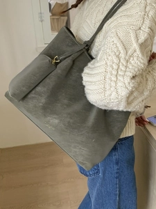 Retro charcoal grey matte leather tote bag for women shown with matching small pouch