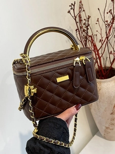 Elegant dark brown quilted chain crossbody bag with a metal top handle and golden hardware