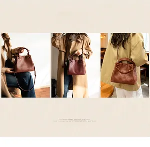 Three ways to wear the brown hand-woven leather bucket bag with detachable strap