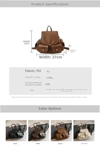 Detailed size chart and multi-color options for the pleated PU leather backpack for women