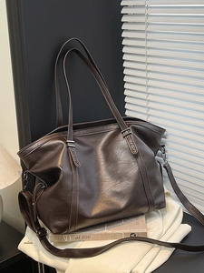 Retro coffee brown large tote bag in soft leather with vintage wrinkled texture