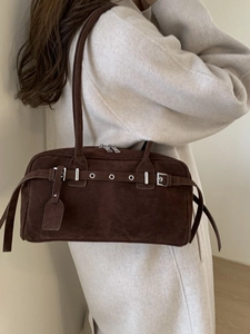 Brown suede Boston shoulder bag with vintage buckle straps for women's daily commute