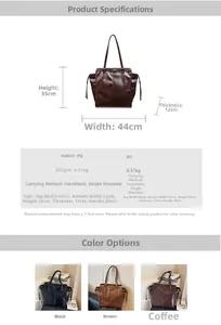 Detailed size and dimension chart for large PU leather tote bag with side drawstring