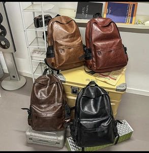 Retro PU leather backpacks in four colors shown with vintage props and camera