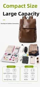 Detail showing high storage capacity for laptop and travel essentials in brown PU backpack