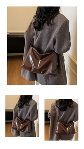 Three views showing detail of dark brown patent leather shoulder bag with soft pleats