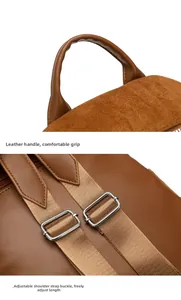 Detail of leather top handle and adjustable shoulder strap buckles on brown backpack