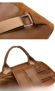 Close-up of stitched leather seams and silver D-ring hardware on a brown travel backpack