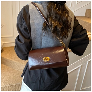 Rear view of a dark brown retro shoulder bag with golden metallic twist lock buckle