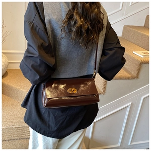 Detail of dark brown crinkled patent leather bag with golden oval twist lock
