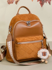 Women Spliced PU Leather Fashion Backpack With Plush Charm Suede Patchwork Large Capacity Daily Travel Shoulder Bag