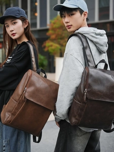 Minimalist PU leather backpacks in dark brown and caramel for travel and student use