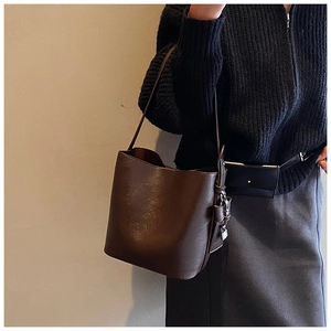 Detail view of a dark brown leather bucket bag featuring a side buckle and metallic clasp