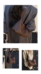 Detailed views of dark brown lychee textured leather tote bag with adjustable strap