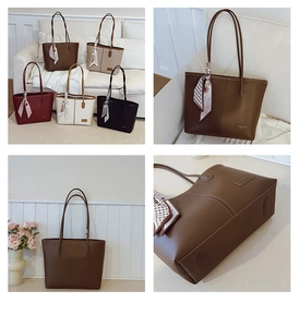 Women's chic tote bags in five colors featuring smooth faux leather and decorative scarves