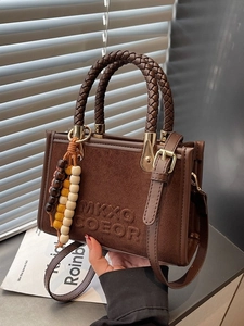 Korean Minimalist Faux Suede PU Leather Tote Bag With Braided Handle Wood Bead Charm For Women Retro Crossbody Shoulder Bag
