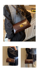 Detail view of deep brown leather crossbody bag featuring gold oval twist lock and chain strap