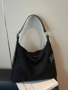 Retro black suede tote bag with leopard print lining and silver rivet shoulder strap