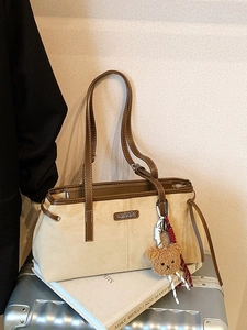 Women's Retro Artificial Suede Tote Bag Casual Large Capacity Shoulder Bag With Teddy Bear Charm Korean Fashion Underarm Bag
