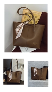 Detail of dark coffee tote bag with silk scarf accent and fashion lettering logo