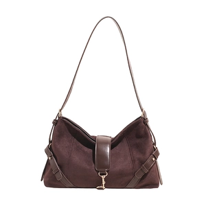 Grand sac cabas rétro en daim marron foncé avec finitions en cuir et fermoir métallique