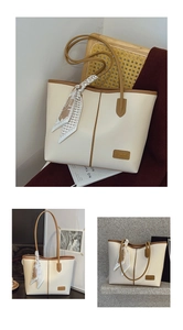 Detail of a beige tote bag featuring brown trim and a decorative geometric silk scarf