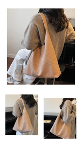 Three-way model view of a large brown woven tote bag showing minimalist style and drape