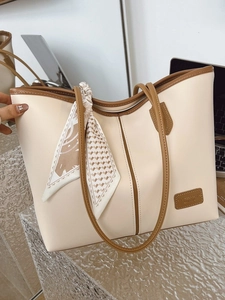 Women Urban Minimalist PU Leather Tote Bag Large Capacity Color Block Shoulder Bag With Scarf Decor Casual Commuter Handbag