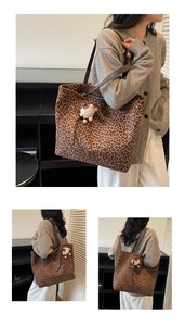 Detailed views of leopard print tote bag with brown straps and plush bear charm decoration