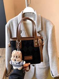 Retro matte bucket bag in black velvet and brown leather with a teddy bear charm
