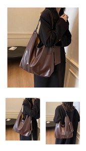 Détail du sac hobo marron foncé avec surpiqûres contrastées et petit porte-monnaie amovible