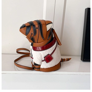 Detail of cute tiger-shaped crossbody bag featuring plush fleece and brown litchi leather