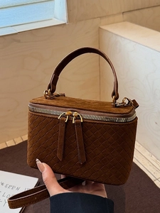 Vintage Woven Suede Vanity Box Bag For Women Fashion Small Square Shoulder Crossbody Handbag With Double Zipper Daily Purse