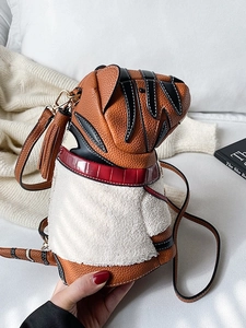Creative puppy-shaped shoulder bag in brown lychee PU leather and white fleece texture