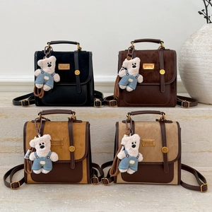 Minimalist vintage patchwork backpacks in four colors with cute teddy bear pendants