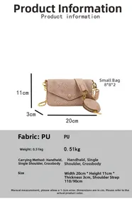 Size chart for the crossbody baguette bag with embossed texture and round coin purse