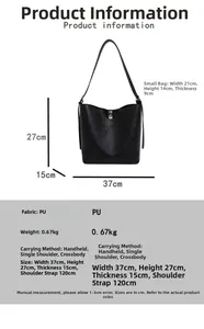 Size chart showing large black PU tote bag and inner pouch with 37x27x15cm dimensions