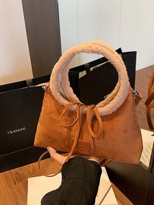 Vintage Faux Suede Tote Bag For Women Large Capacity Shoulder Bag With Plush Handle And Bow Tie Autumn Winter Commuter Bag