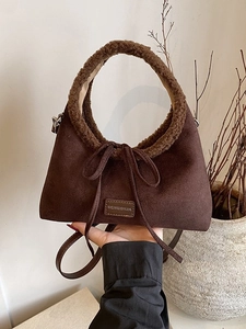 Brown frosted tote bag with lamb wool handle and decorative bow for autumn/winter