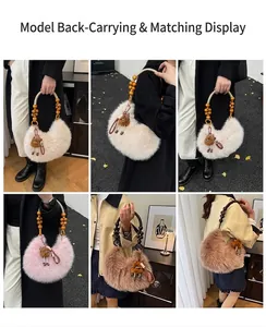 Detail of plush crescent handbag featuring vintage wooden bead handle and monster charm