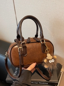Retro PU Leather Boston Bag For Women Small Square Shoulder Bag With Plush Monster Charm Adjustable Strap Crossbody Handbag