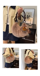 Detailed view of brown faux fur crescent bag with dark wooden bead handles and plush charm