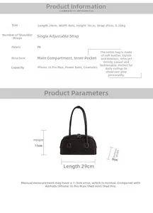 Graphique de taille pour sac baguette noir en cuir PU vintage mesurant 29x8x15 cm de large