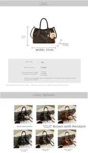 Detailed size chart and specifications for the PU leather bucket tote bag with plush charm