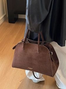 Deep brown suede leather tote bag with dual handles and large capacity for commuting